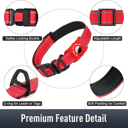 Airtag Dog Collar with AirTag Holder for Puppy Small Dogs, Reflective, Soft Padded & Safety Locking Buckle, Nylon Pet Collars Adjustable for All Breeds, Red,XS