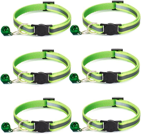 6 Pack Reflective Cat Collar with Bell, Breakaway and Safe Collars for Cats, Nylon, Pet Collar Adjustable19-32cm (Fluorescent Green)