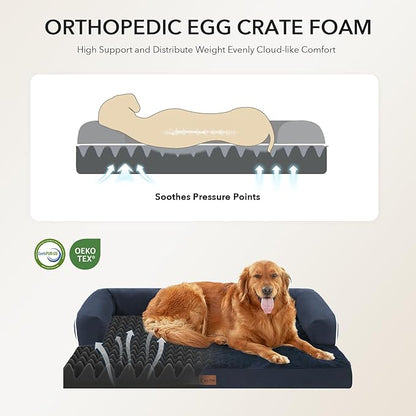 Orthopedic Dog Beds for Extra Large Dogs, Waterproof Egg Crate Foam XL Dog Bed with Sides 41x27Inch, Washable Big Dogs Couch Beds with Removable Cover and Nonskid Bottom, Navy Blue