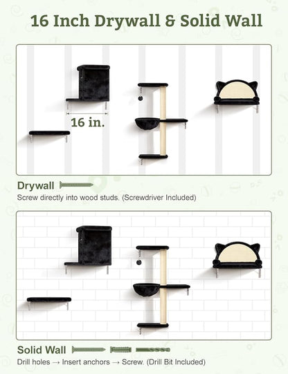 5-in-1 Cat Wall Shelves, Solid Wood & Velvet & Sisal Scratcher, 44lbs Max Load, Wall Mounted Cat Furniture for Climbers, Cat Climbing Wall System, Fits Drywall & Solid Walls - Black