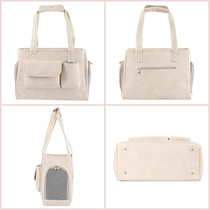 Dog Carrier Purse, Fashion Leather Pet Carrier Bag, Airline Approved Soft Sided Cat Travel Tote Bag with Pockets White