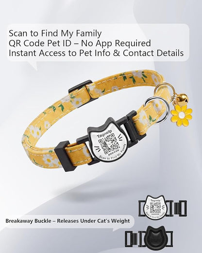 Breakaway Cat Collar with QR Code ID Tag, Adjustable Cotton Kitten Collar with Bell, Scan to Find My Family Personalized Pet Info, Cute Flower Design for Indoor Outdoor Cats,Flower Pendant(Yellow)