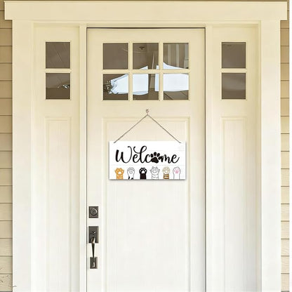 Welcome Sign for Front Door, Welcome Decor Wooden Hanging Sign With Cat Cat's Paw Pattern, Cat Theme Wall Hanging Decor, Funny Wooden Outdoor Front Door Decoration 13.8X6.9 inches
