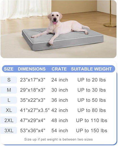 KSIIA Orthopedic Dog Bed Extra Large Dog Bed with Removable Machine Washable Cover Waterproof Crate Pad with Egg Crate Foam and Non-Slip Bottom, 53x36 Inch, Light Gray