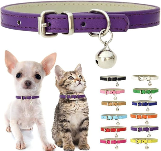 Purple XS Cat Collar with Bell, Soft Pu Leather Dog Collars Adjustable Buckle for XXS Extra Small Medium Tiny Female Male Boys Girls Pets Puppy Kitten Teacup Yorkie X-Small