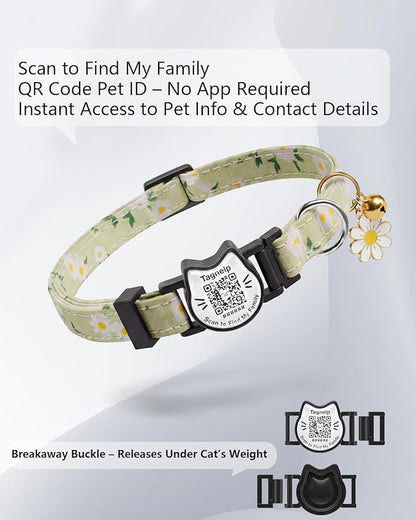 QR Code Cat Collar with Breakaway Safety Buckle, Adjustable Cotton Kitten Collar with Bell, Online Pet Profile Scan ID Tag for Lost Cats,Flower Pendant(Green)