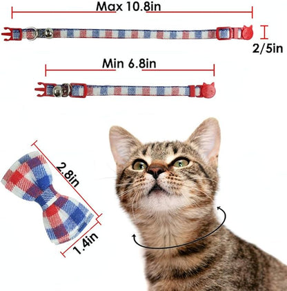 Cat Collar Breakaway with Bell and Bow Tie, Plaid Design Adjustable Safety Kitty Kitten Collars(6.8-10.8in) (Red/White/Blue)