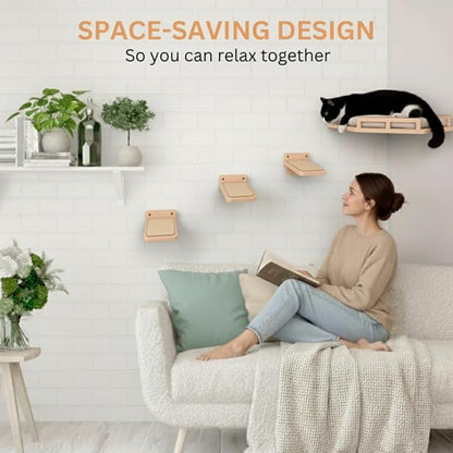 INICIO Cat Wall Shelves - Safe and Sturdy Cat Wall Furniture - Stylish Corner Shelf with 3 Steps for Cats up to 15lbs - Cushioned Perch and Stairs for Climbing and Playing - Natural Wood