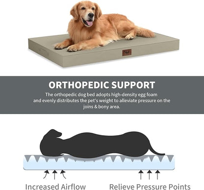 Outdoor Orthopedic Dog Bed for Medium Dogs & Cats, Waterproof Flat Pet Mat with Egg Crate Foam & Washable Removable Oxford Cover, 30x20 Inch, Khaki