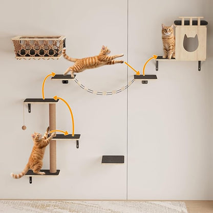 5-in-1 Cat Wall Shelves Set with Hammock, Wall-Mounted Cat Furniture Includes Condo, Bridge, Ladder & Steps for Indoor Cats, Safe & Stable (Gray)