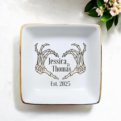 Custom Skeleton Hand Ring Dish Engagement Gift, Funny Engaged Ring Holder, Jewelry Tray Gifts for Newly Engaged Couple, Anniversary Halloween Wedding Party Gift for Bride Wife