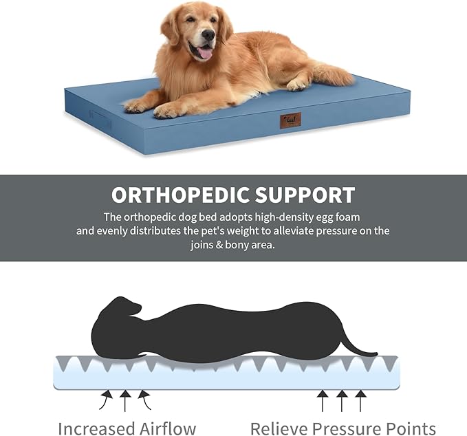 Outdoor All Weather XL Dog Bed, Waterproof Pet Bed for Extra Large Dogs, Orthopedic Egg Crate Foam with Removable Washable Oxford Cooling Cover, 44x32 Inch, Blue