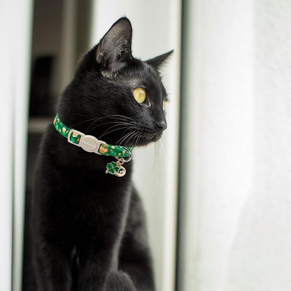 Cat Collar,2 Pack St.Patrick's Day Cat Collars Breakaway with Bell, DOGWONG Safety Buckle Cat Collar Green Trefoil Cat Collar for Girl Boy Cats，Adjustable 7-12 Inch