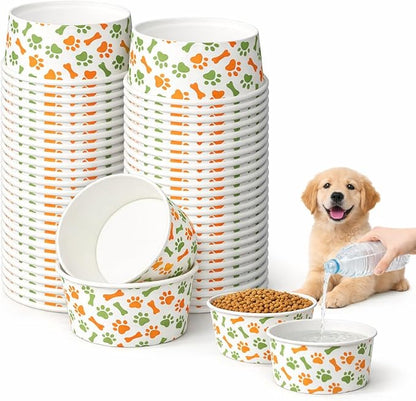 60 Pcs 42 oz/ 5.2 Cups Disposable Pet Bowls with Waterproof PE Coating, Heavy Duty Leakproof Bulk Dog Bowls with Printed Pattern for Multi-Dog Homes, Puppies, Travel, Camping & Pet Party