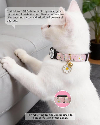 4 Pack-QR Code Cat Collar Breakaway Safe - Cotton Reflective Kitten Collar with Bell & Floral Pendant, Pink Purple Flowers Design, Customizable Online Pet ID for Lost Cats,Flower Pendan