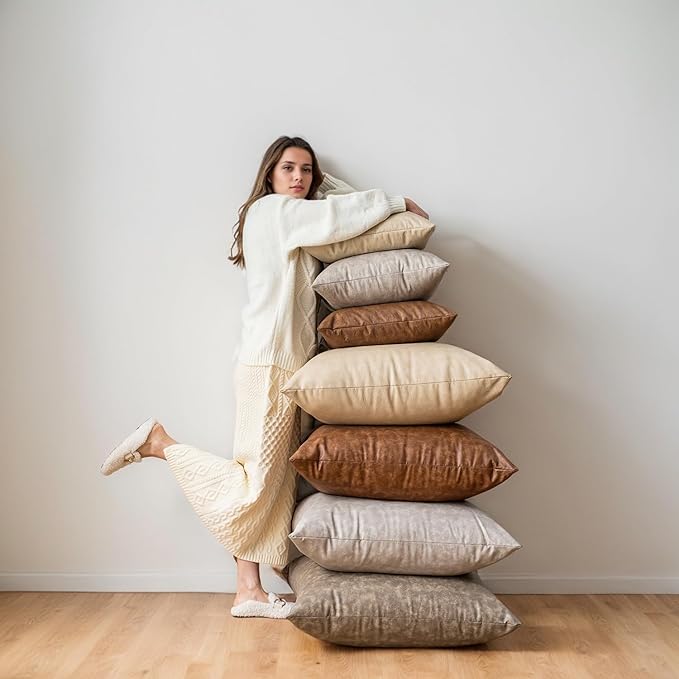 Oversized Neutral Decorative Leather Pillow Cover Pack of 2, Grey Thickened Farmhouse Abrasion Floor Cushion Cover, for Home Decor Outdoor Lounge Office Cafe Throw Pillow Covers 24x24 inch