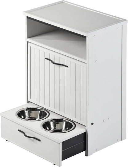 New Age Pet ECOFLEX Brea Dog Food Pantry in Antique White, Two 32 oz Bowls, Moisture Resistant, Easy Assembly, Holds 25 lbs