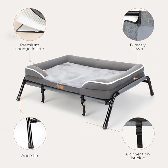 Lekereise Raised Dog Bed for Small Dog 32x25 Inch, Comfortable Orthopedic Pet Beds with Egg Crate Foam, Removable Dogs Couch Bed for Indoor Outdoor, Load 40lb, Grey