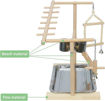 Parrot Playstand Bird Playground Birdcage Wood Perch Stand Ladder Swing with with Feeder Cups Birds Play Gym Cockatiel Playground Include Hanging Bell Swing Ladders