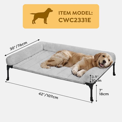 Veehoo Orthopedic Elevated Dog Bed with Fluffy Plush Bolster Cushion, Indoor Raised Dog Beds for Large Dogs, Soft Pet Sofa Cot with Removable Washable Mat, No-Slip Feet, 42 x 30 inches, Grey