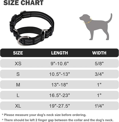 Hikiko Martingale Collar for Dogs Reflective Nylon Dog Collar with Quick Release Buckle Adjustable Training No Slip Dog Collars (Medium, Black)