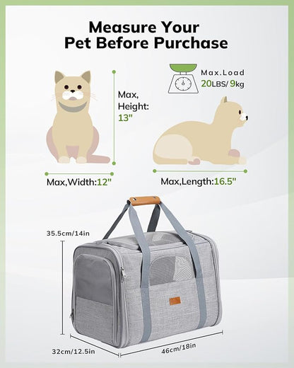 Morpilot Pet Travel Carrier Bag, Soft-Sided Dog Carrier Cat Carrier Pet Carrier, for Large Cats and Medium Puppies up to 25lbs, w/Locking Safety Zippers, Foldable Bowl (Light Gray)