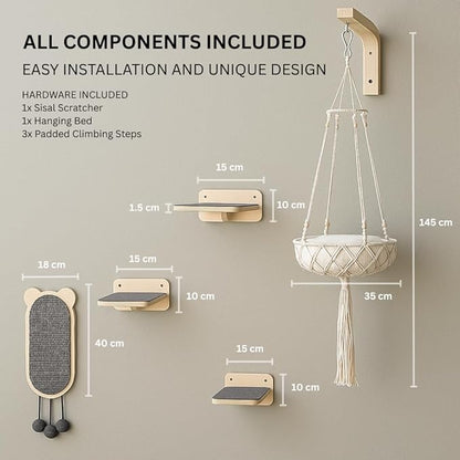 Modern Cat Wall Furniture Set – 5-Piece Hanging Shelves with Macramé Bed, Scratcher & Climbing Steps – Boho Wooden Cat Wall for Indoor Cats