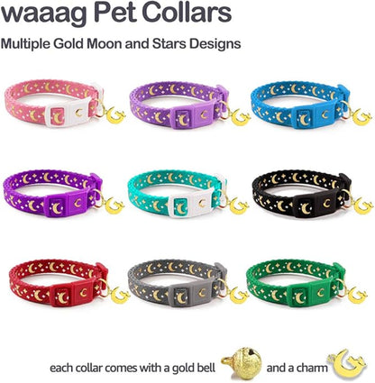 waaag Cat Collars, Gold Moons and Stars Cat Collar, Safety Breakaway Cat Collar, Glow in The Dark (Kitten 6.5"-10" Neck, Black)