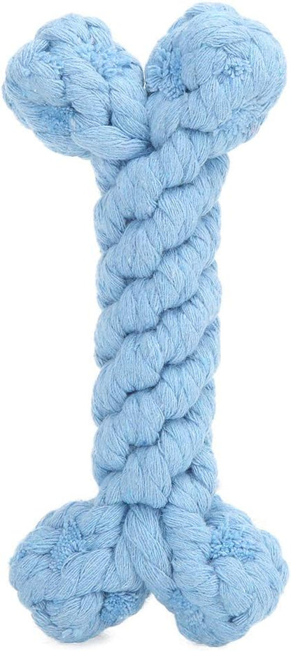 Pet Cotton Rope Biting Chewing Molar Toy, Cartoon Animal Shape & Pure Manual Weaving, Dog Rope Toys with Strong and Hard, Grind and Clean Teeth, Relieve Pressure (Blue Bones)