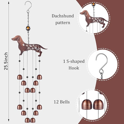 24 Inch Metal Wind Chimes Decor for Outside Garden Birthday Gift for Women Men Bronze Windchimes Pet Memorial Gift with 12 Bell for Patio Yard Lawn Housewarming Front Yard(Dachshund Dog)