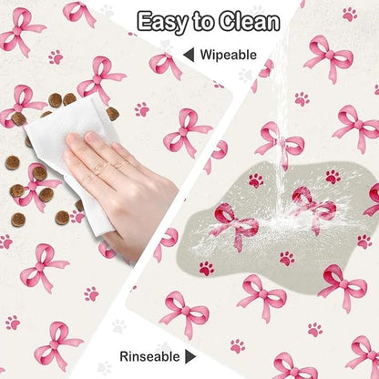 Pink Bow Dog Food Mat for Pet Cat Food Mat, Paws Absorbent Quick Dry Dog Bowl Mats for Food and Water, Non-Slip Cat Pet Feeding Mats for Floor Placemats 12"x20"