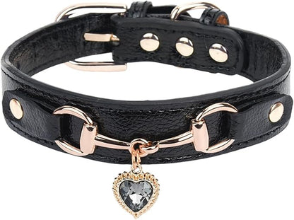 THAIN Fashion Dog Collar with Bling Diamonds & Heart Charm – 5 Holes Adjustable PU Leather Rhinestones Necklace Collar, Gold Buckle for Small Medium Dogs Girl boy (Black, S)