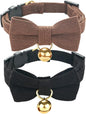 Soft Corduroy Cat Collar, Plaid Pattern, with Bell and Bowtie, Quick Release,Safety Breakaway Clasp, Adjustable for Kitten and Cats.(Black+Brown)