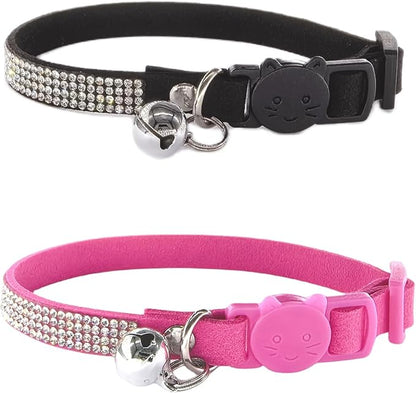 Pack of 2 Rhinestone Cat Collar Breakaway with Bell Safety Buckle, Adjustable Diamond Girl Boy Kitty Cute Comfy Collar for Kitten Tiny Little Pets Rabbits, 6"-9" Extra Small