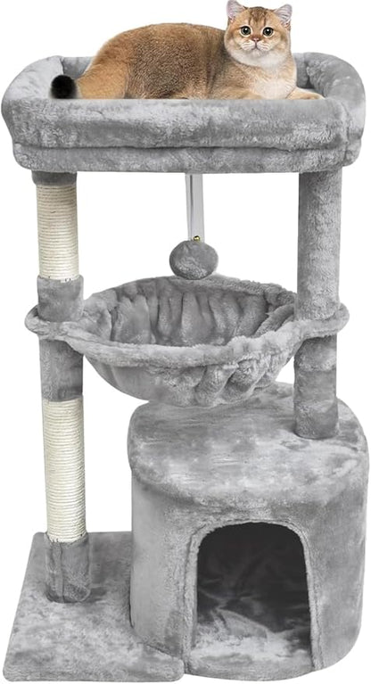 SYANDLVY Small Cat Tree for Indoor Cats, Activity Cat Tower with Scratching Post for Kittens, Modern Cat Furniture with Basket & Hanging Ball for Play Rest, Grey