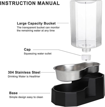 Sfozstra Dog Water Bowl Dispenser: 6L Large Black Gravity Stainless Steel Bowl - Without Filter - Pet Feeder for Pets Indoor/Outdoor Use by Owners