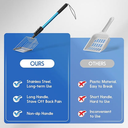 Cat Litter Scoop Long Handle: 22"-40.5" Extendable Metal Cat Poop Scooper with Deep Shovel for Litter Box Durable Heavy Duty Cat Litter Shovel for Easy Sifting