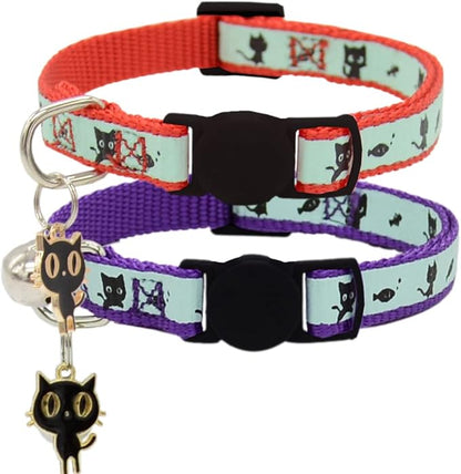 2 Pack Glow in The Dark Cat Collar with Bell Breakaway Safety Cat Puppy Collars with Pendant Red and Purple