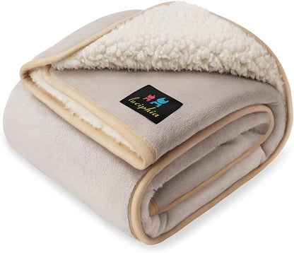 Luciphia Waterproof Pet Blanket, Liquid Pee Proof Dog Blanket for Sofa Bed Couch, Reversible Sherpa Fleece Furniture Protector Cover for Small Medium Large Dogs Cats, Khaki+Beige Medium（57" x 40"）