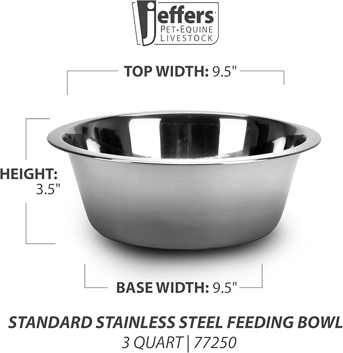 Jeffers Stainless Steel Pet Bowls – Durable, Rust Resistant, Non Toxic, Easy to Clean, Dishwasher Safe Metal Food & Water Dishes for Dogs, Cats, Puppies, Kittens, Home, Kennels, Feeding, 3 Quart 4pk
