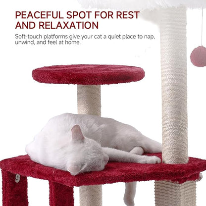 Cat Tree, 37.4-Inch Cat Tower with Plush Cozy Perch for Indoor Cats, Sturdy Tower with Fully Sisal-Wrapped Columns and Plush Toy Ball for Kitty Play, Red