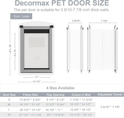 Dog Door for Wall, Steel Dog Door with Telescoping Tunnel, Weatherproof Pet Door with Two Sliding Lock Panels and Magnetic Flaps, Easy to Install, White, Large