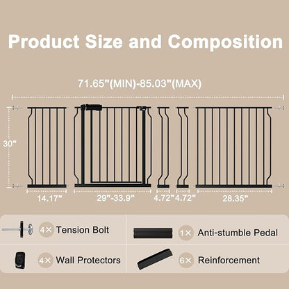 WAOWAO Baby Gate 71.65-85.03" Extra Wide Pressure Mounted Walk Through Swing Auto Close Safety Metal Black Toddler Kids Child Dog Pet Puppy for Stairs,Doorways,Kitchen