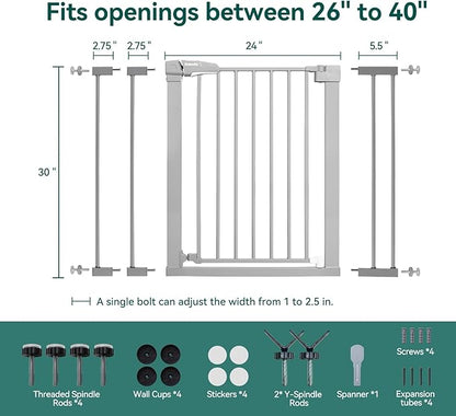 BABELIO 36" Tall Baby Gate, 26-40" Wide Auto Close Pet Gate, PressGuard C5 Pressure Mounted Metal Dog Gate, Easy-Install No Drilling, No Tools Needed, with Wall Protectors and Extension Kits, Gray