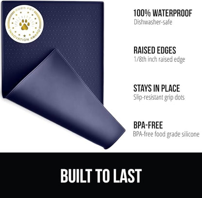 GORILLA GRIP 100% Waterproof Raised Edge BPA Free Silicone Pet Feeding Mat, Dog Cat Food Mats Contain Spills Protects Floors, Placemats for Cats and Dogs Water Bowl, Pets Accessories 18.5x11.5 Navy