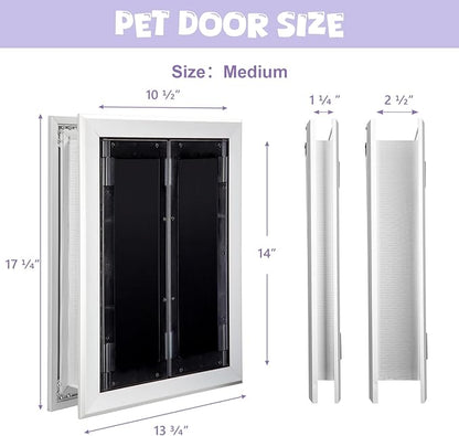 Sliver Pet Door with Panels, Aluminum Dog Door with Automatic Closing Magnetic Flaps, Medium Doggie Door, Slide-in Panel & 4 Security Locks, Suitable for Doors, Screen and Wall