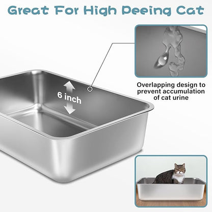 Stainless Steel Litter Box,19.7"x13.7"x6" Large Metal Litter Box for Kitty/Cat, Easy to Clean, Non Stick Litterbox No Smell for Adult Cats