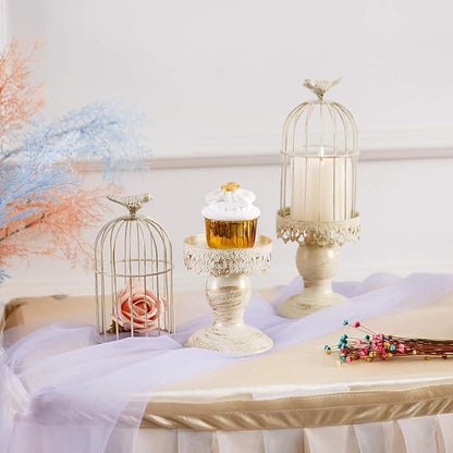 Birdcage Candle Holder Decorative Bird Cages for Weddings Vintage Candlestick Holders Wedding Candle Centerpieces for Tables Iron Candleholder Set Home Decor Distressed Ivory