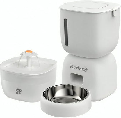 Automatic Cat Feeder and Water Fountain Set - 3L Food Dispenser with Locking Lid, Plug-in/Battery Powered, Programmable Portion Control, up to 4 Meals/Day, 10s Voice Recorder - for Cats and Small Dogs
