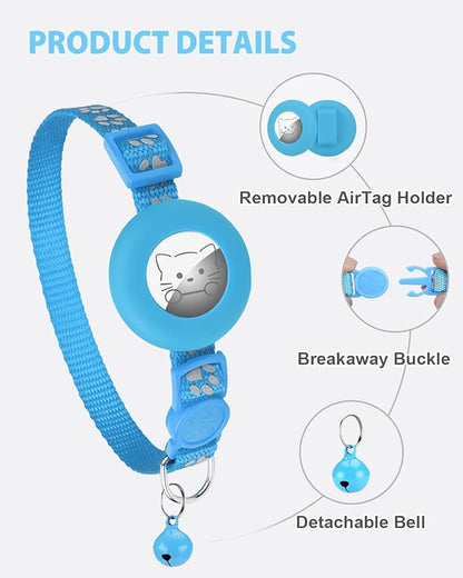 Joytale AirTag Cat Collar 2 Pack with Breakaway Safety Buckle, Reflective Cats Collar with AirTag Holder, Adjustable 7.5-12.5 Inch, Anti-Fraying Lightweight for Girl Boy Kitten, Sky Blue